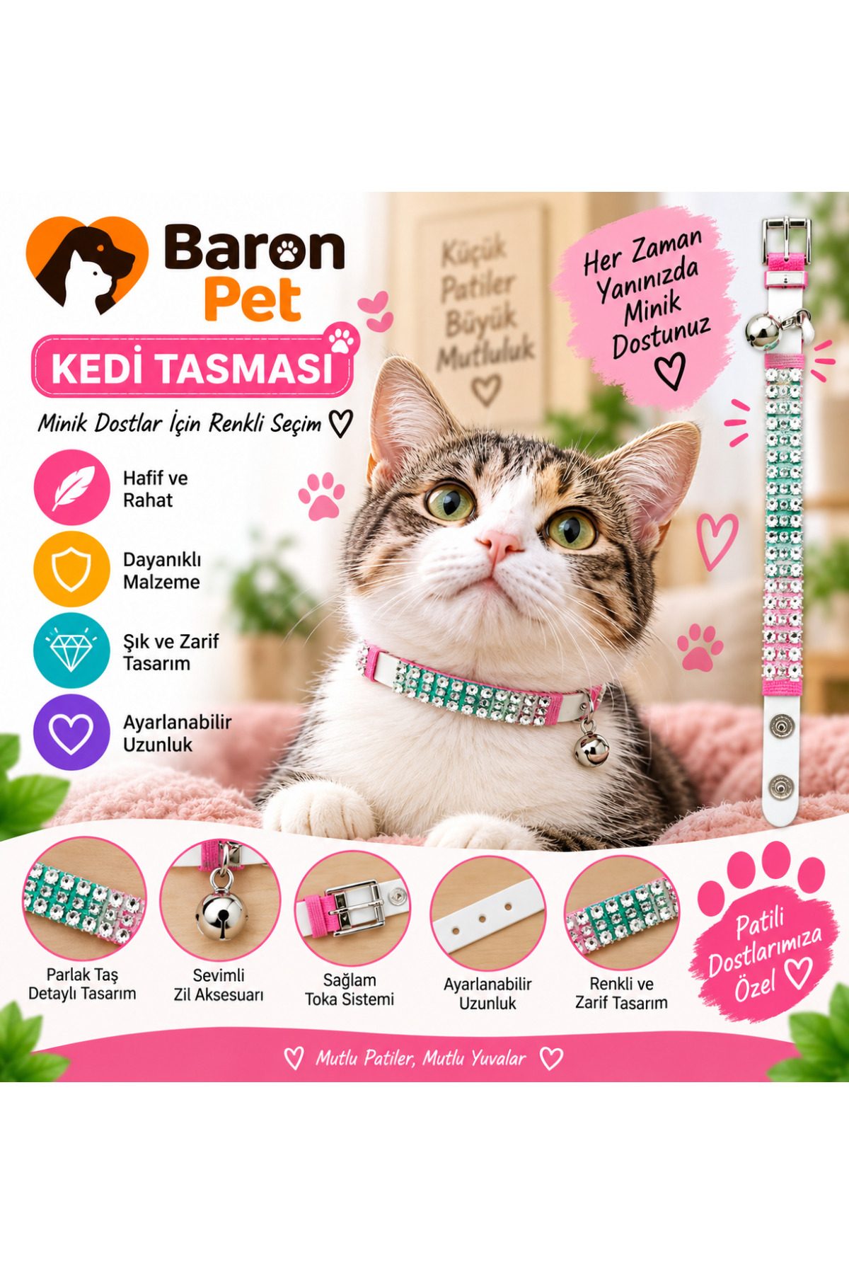 Kedi Tasması Beyaz Turkuaz Taşlı Zilli Ayarlanabilir Üç Sıra Kristal Taş Detaylı Kedi Boyun Tasması