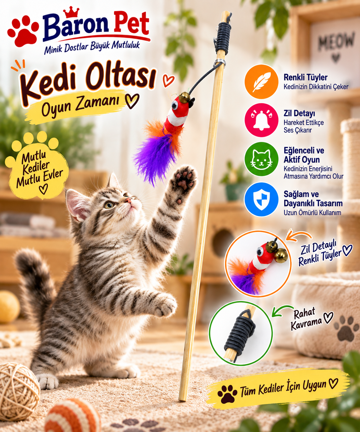Baron Pet Kedi Oltası Ahşap Saplı Zilli Renkli Tüylü Balık Figürlü Kedi Oyuncağı