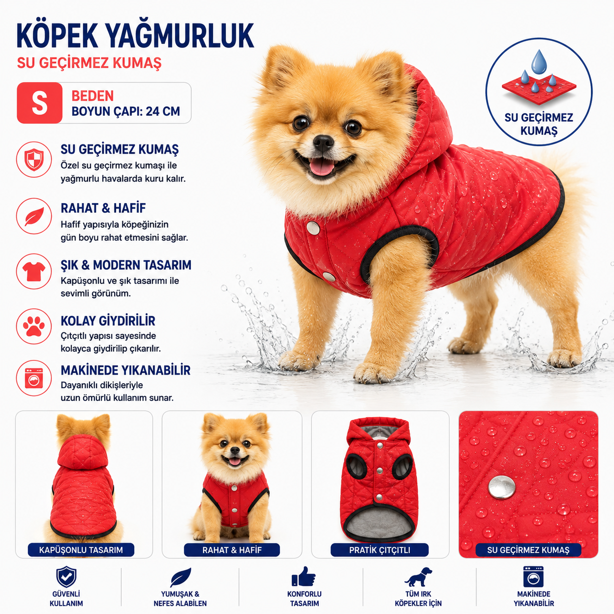 Köpek Yağmurluk S Beden Boyun Çapı 24 cm Su Geçirmez Kapüşonlu Çıtçıtlı - Kırmızı