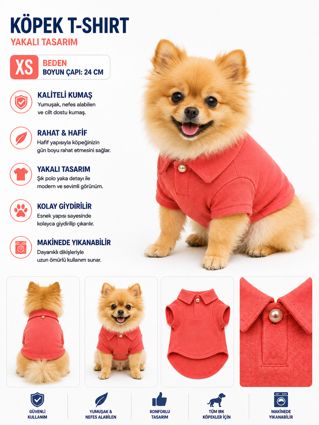 Köpek Polo Yaka Tişört XS Beden Boyun Çapı 24 cm Nefes Alabilen Kumaş - Kırmızı