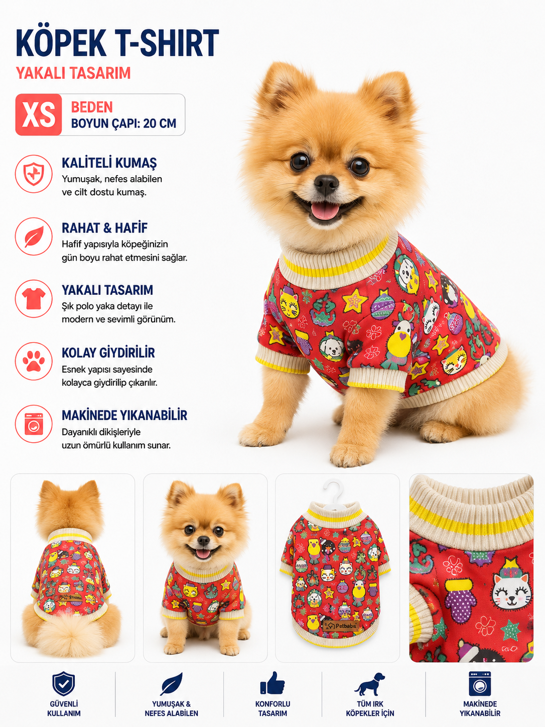 Köpek Sweatshirt XS Beden Boyun Çapı 20 cm Desenli Yüksek Yaka Kolsuz - Kırmızı