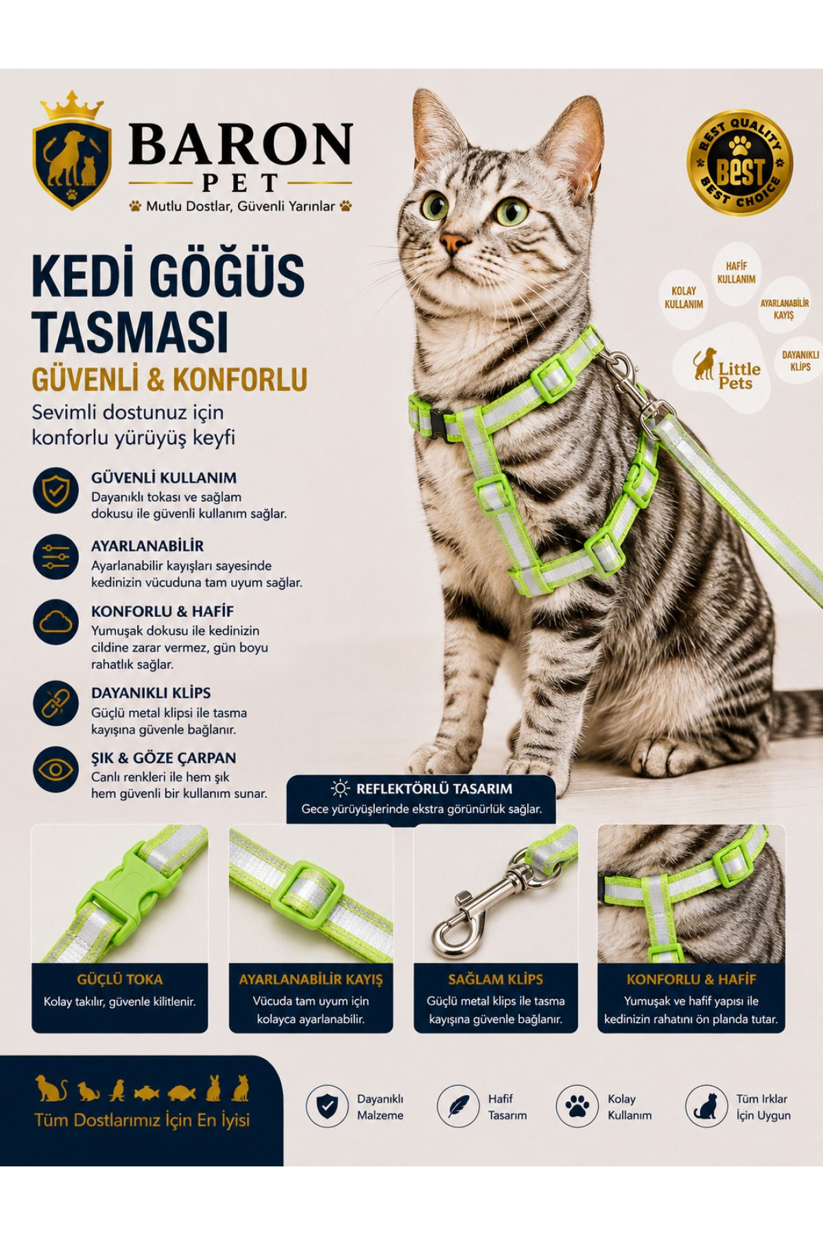 Kedi Göğüs Tasması ve Gezdirme Kayışı Seti Fıstık Yeşili Reflektörlü Ayarlanabilir