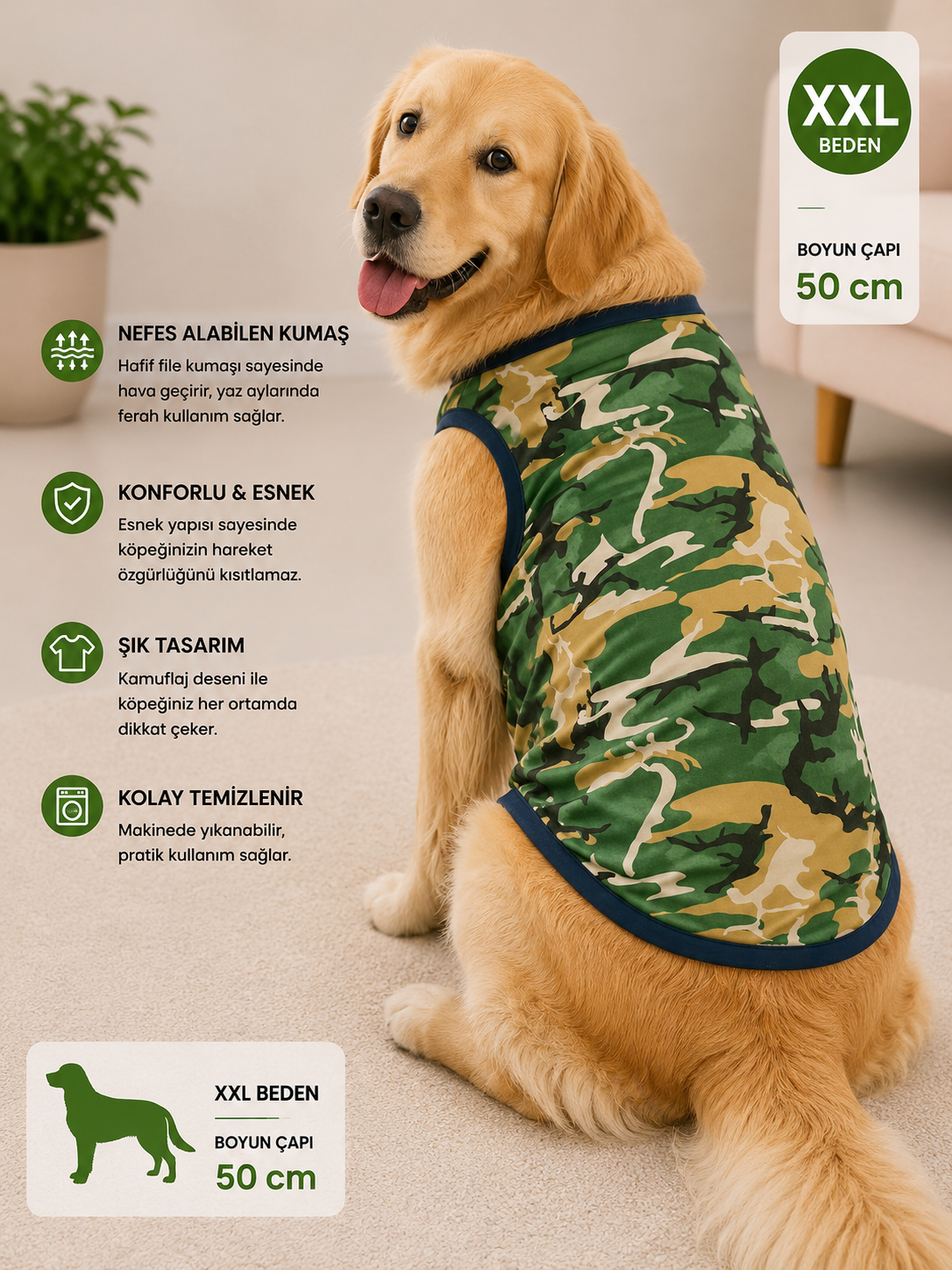 Köpek Tişörtü XXL Beden Boyun Çapı 50 cm Kamuflaj Desenli Kolsuz Atlet - Yeşil Sarı