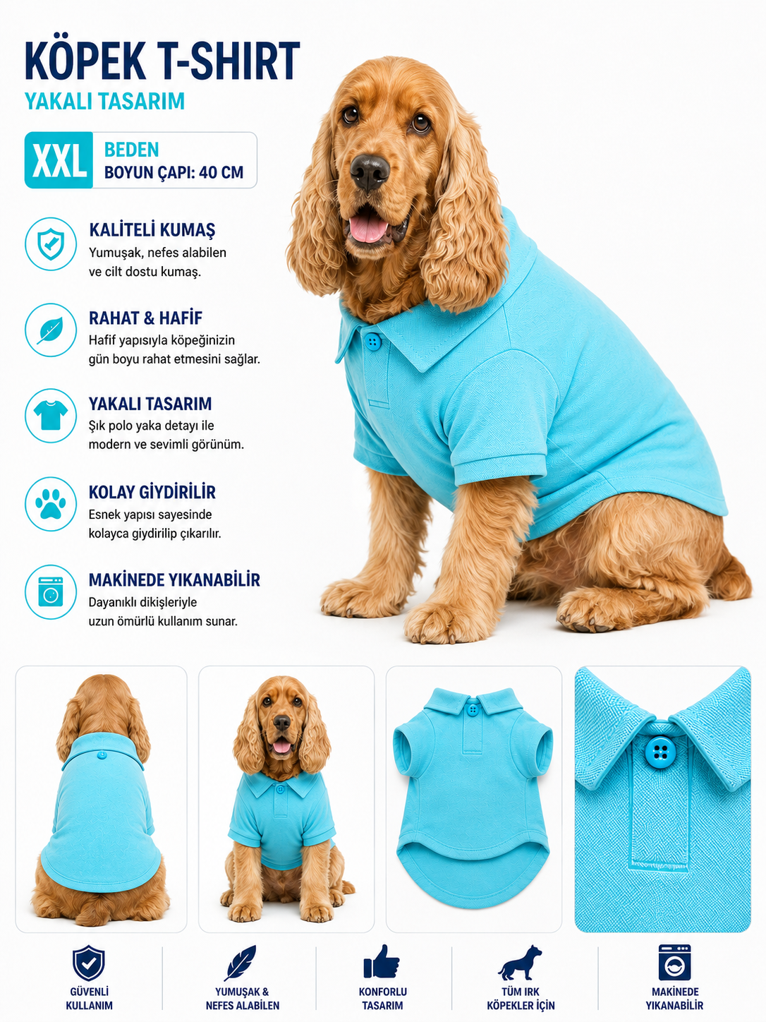 Köpek Polo Yaka Tişört XXL Beden Boyun Çapı 40 cm Nefes Alabilen Kumaş - Mavi