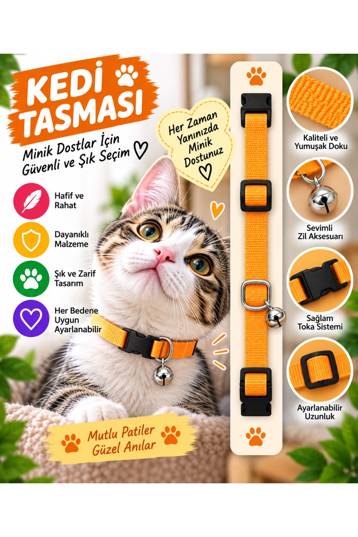 Kedi Tasması Turuncu Düz Renk Zilli Ayarlanabilir Klipsli Kumaş Kedi Boyun Tasması