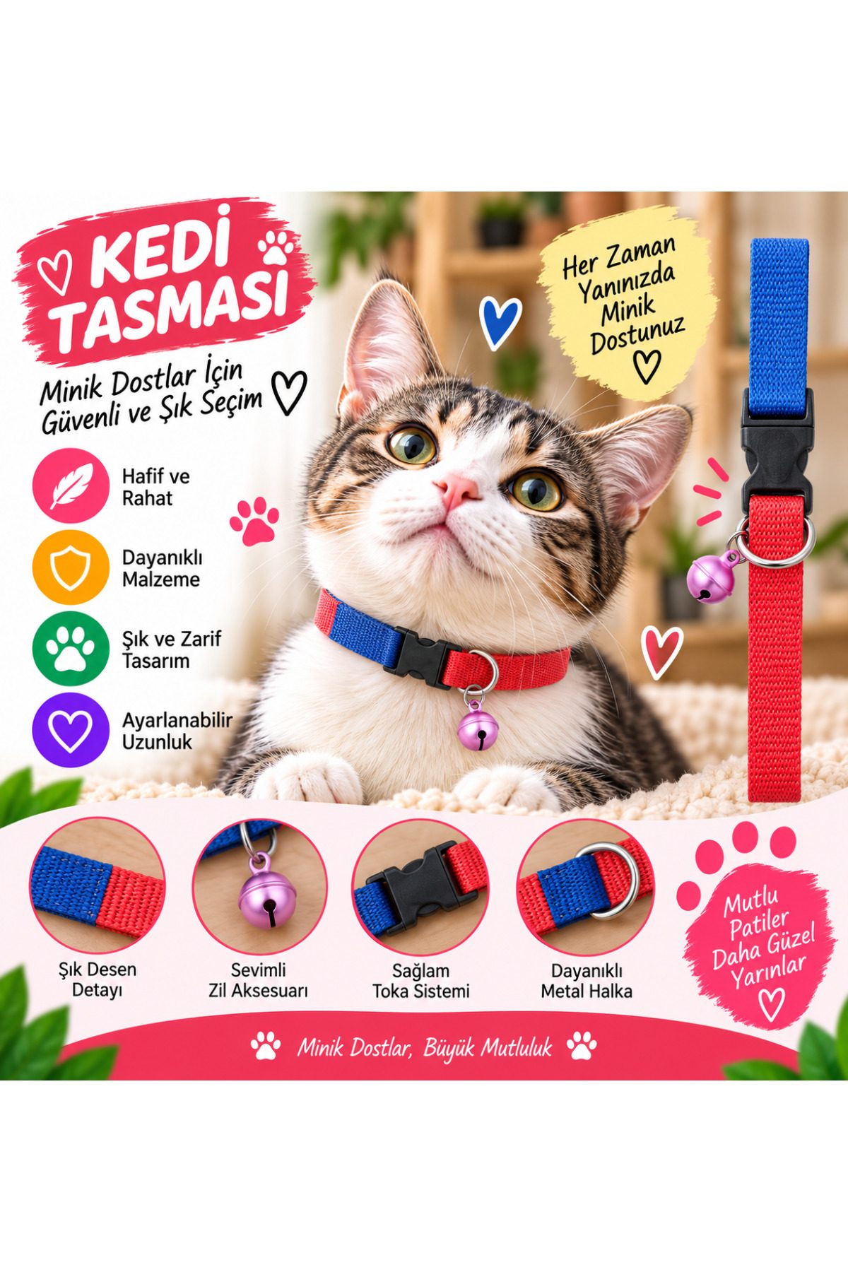 Kedi Tasması Kırmızı Mavi İki Renkli Zilli Ayarlanabilir Klipsli Metal Halkalı Kedi Boyun Tasması