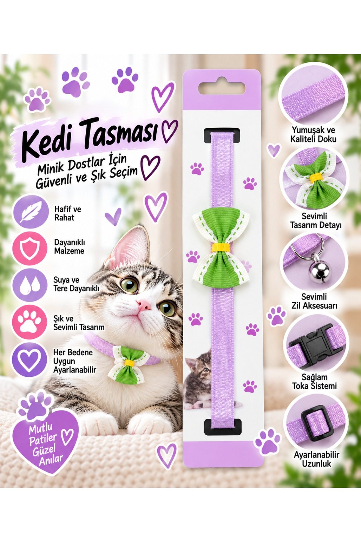 Kedi Tasması Lila Saten Yeşil Fiyonklu Zilli Ayarlanabilir Klips Tokalı Boyun Tasması