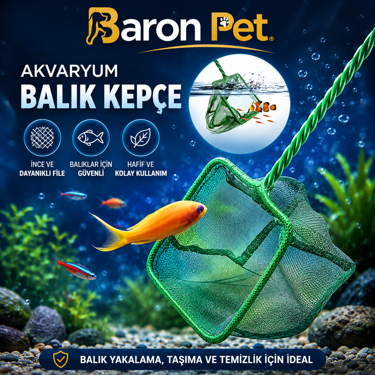 Akvaryum Balık Kepçesi 20 cm Kare Ağız İnce File Uzun Saplı - Yeşil