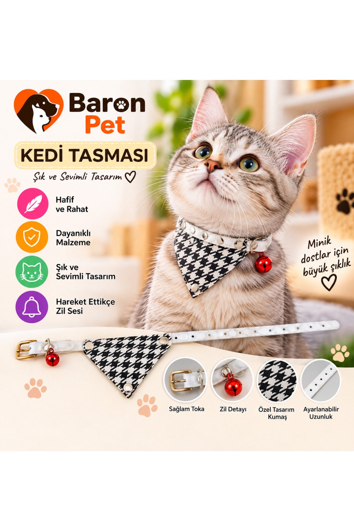 Fularlı Kedi Tasması Kazayağı Desenli Zilli Ayarlanabilir Bandana Kedi Boyun Tasması