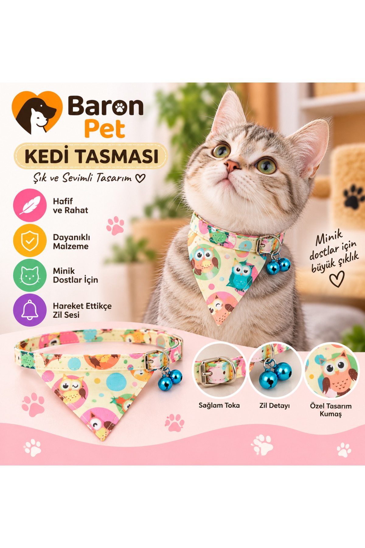 Fularlı Kedi Tasması Krem Baykuş Desenli Çift Zilli Ayarlanabilir Bandana Kedi Boyun Tasması