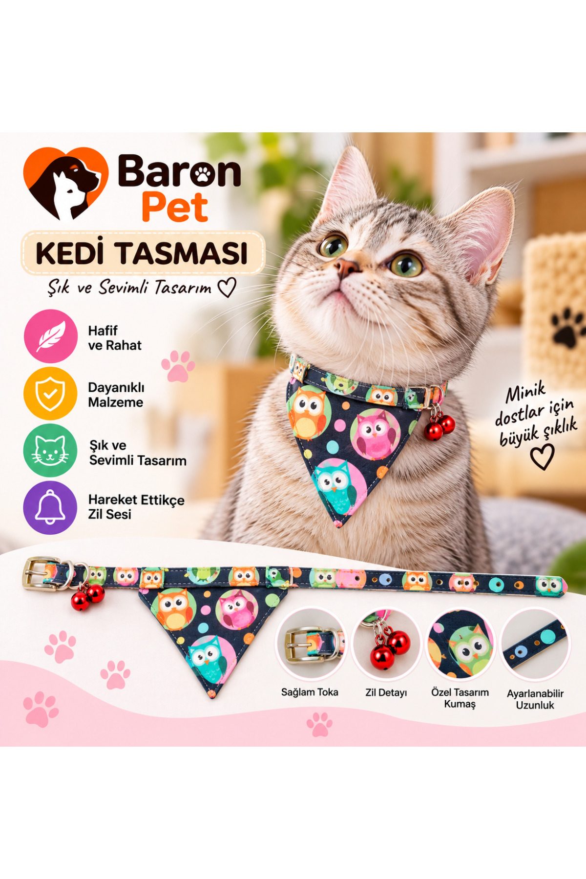 Fularlı Kedi Tasması Lacivert Baykuş Desenli Çift Zilli Ayarlanabilir Bandana Kedi Boyun Tasması