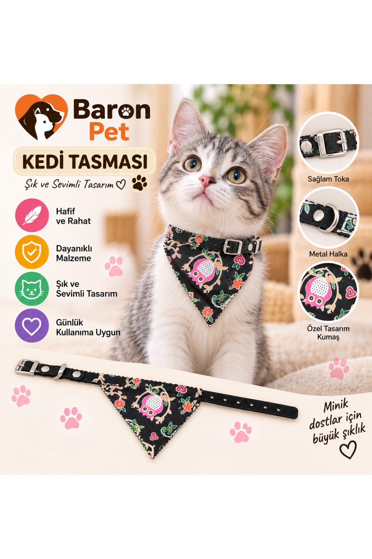 Fularlı Kedi Tasması Siyah Baykuş Çiçek Desenli Metal Halkalı Ayarlanabilir Bandana Kedi Boyun Tasması