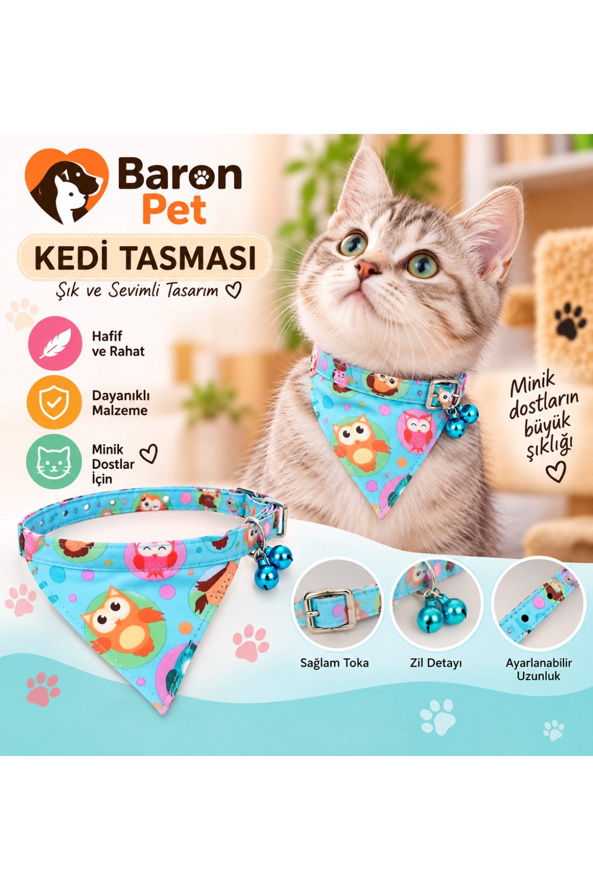 Fularlı Kedi Tasması Turkuaz Baykuş Desenli Çift Zilli Ayarlanabilir Bandana Kedi Boyun Tasması