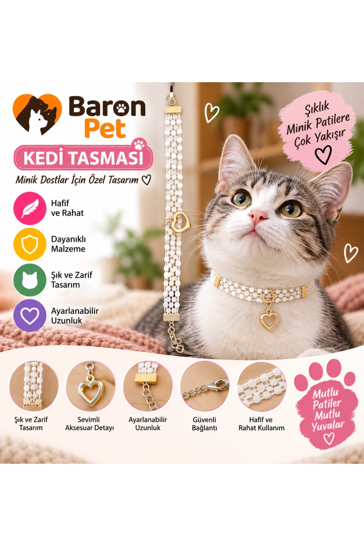 İnci Boncuklu Kedi Tasması Beyaz Altın Kalp Kolyeli 3 Sıra Ayarlanabilir Kedi Boyun Tasması