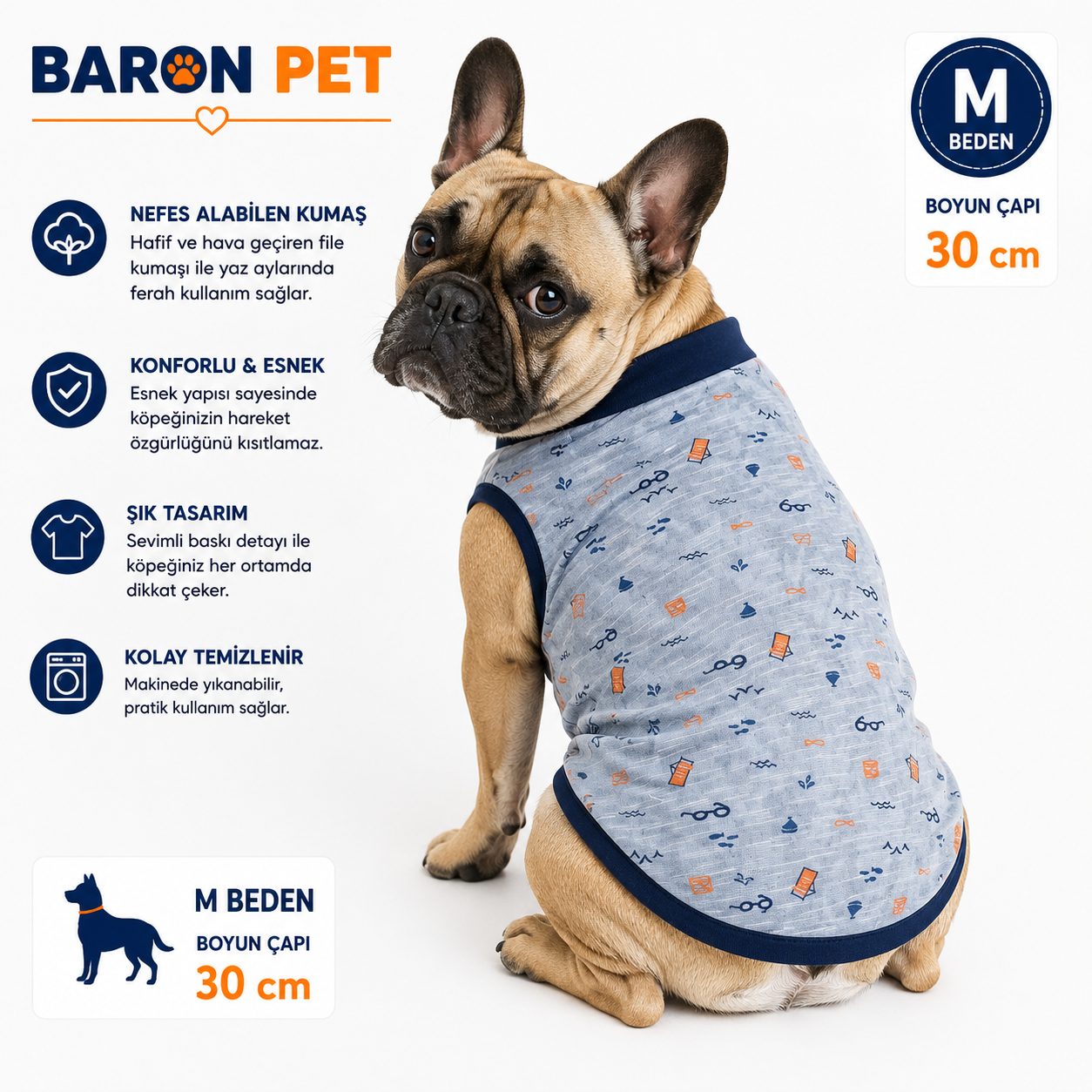 Köpek Tişörtü M Beden Boyun Çapı 30 cm Plaj Desenli Kolsuz Atlet - Açık Mavi