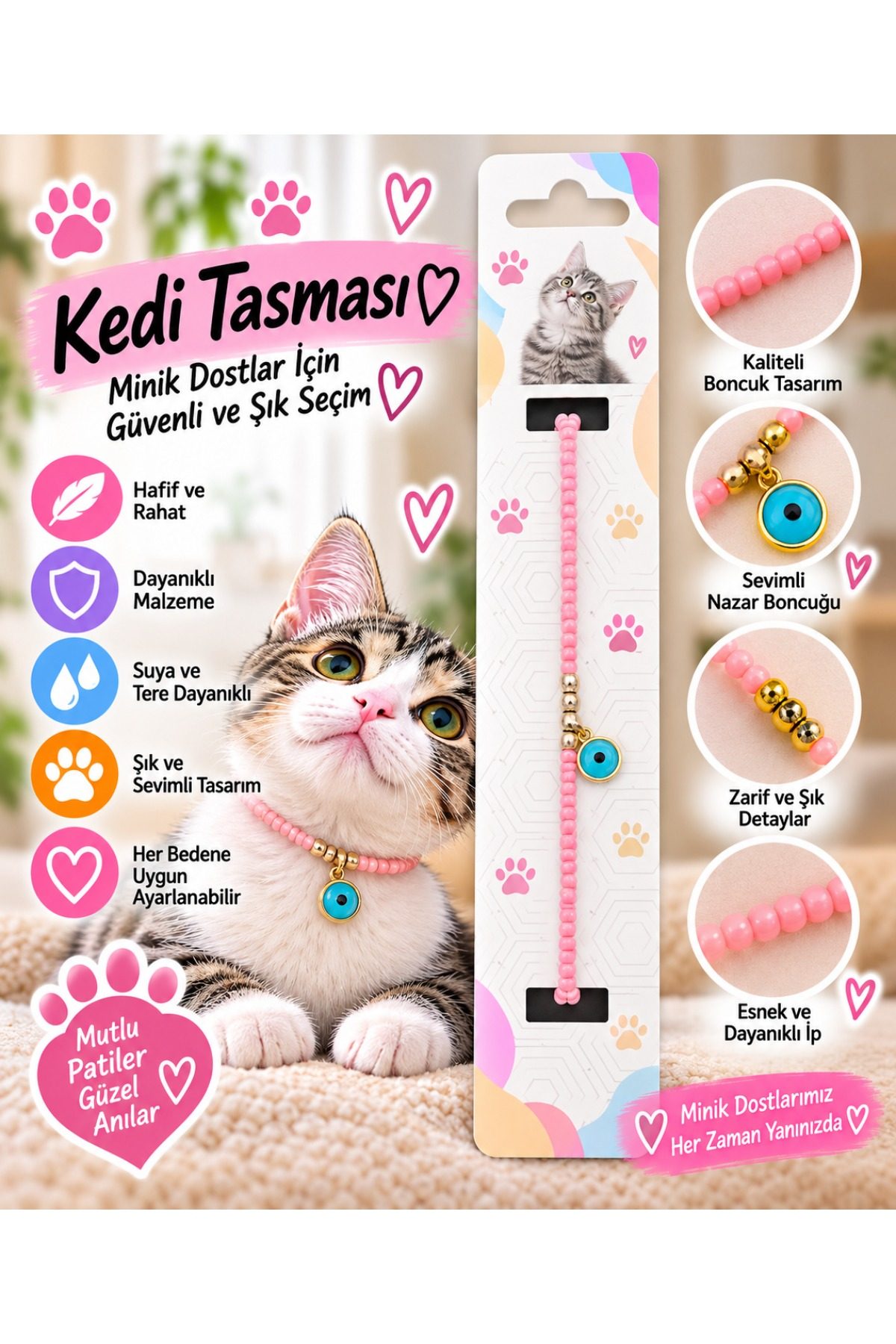Kedi Tasması Pembe Boncuklu Nazar Detaylı Ayarlanabilir Boyun Tasması