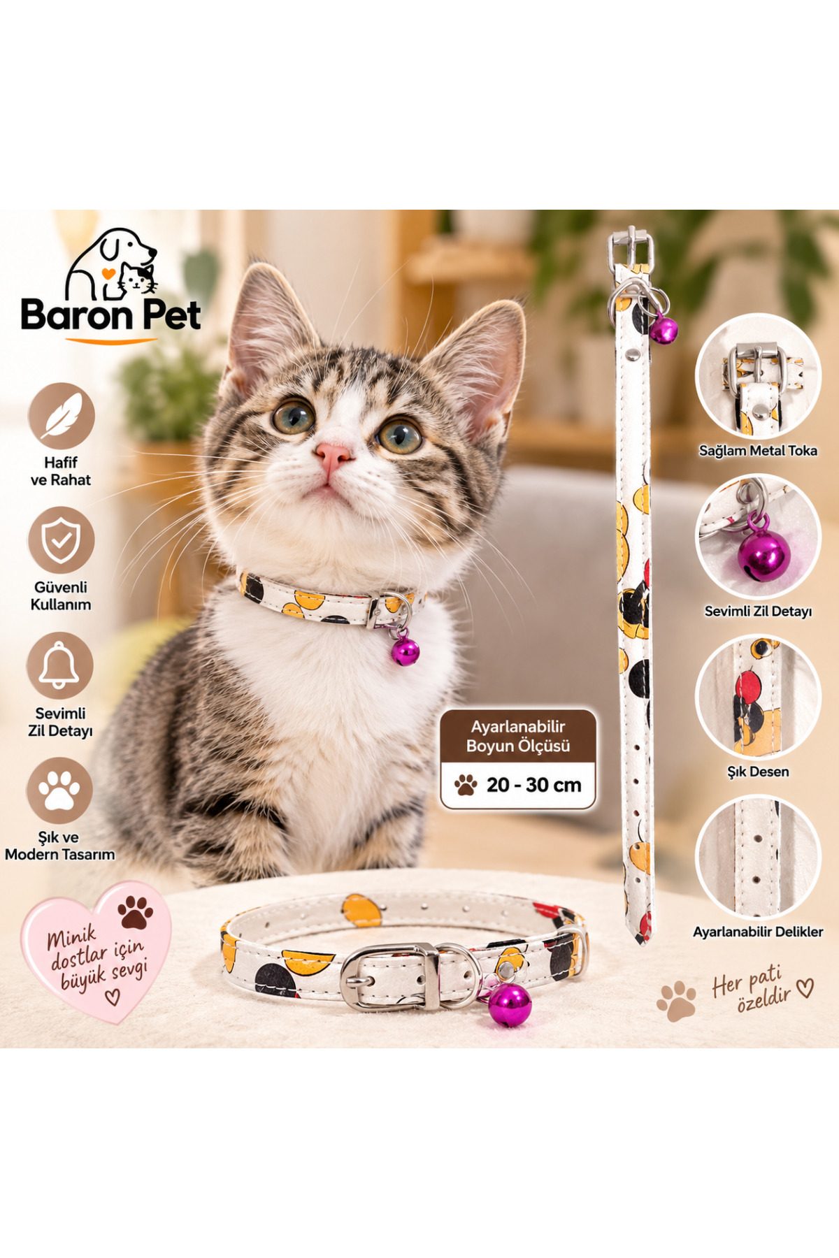 Kedi Tasması 20-30 cm Beyaz Kedi Desenli Zilli Ayarlanabilir Suni Deri Kedi Boyun Tasması