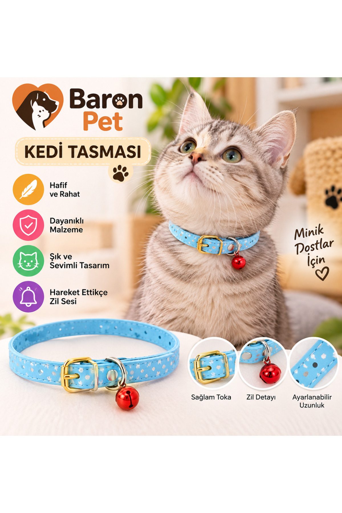 Kedi Tasması Mavi Nokta Desenli Zilli Ayarlanabilir Suni Deri Kedi Boyun Tasması