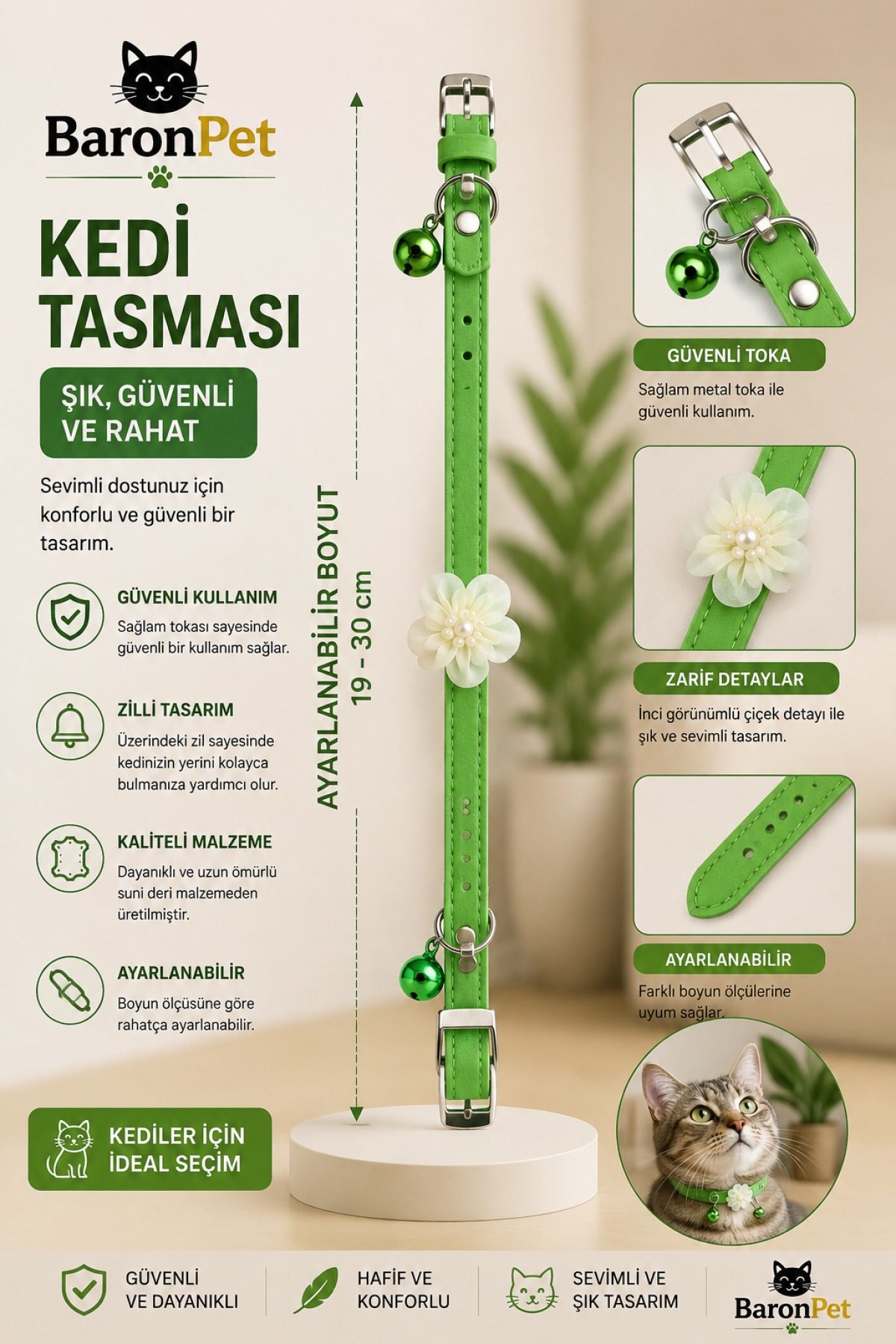 Kedi Tasması 19-30 cm Yeşil İnci Çiçek Detaylı Zilli Ayarlanabilir Suni Deri Kedi Boyun Tasması