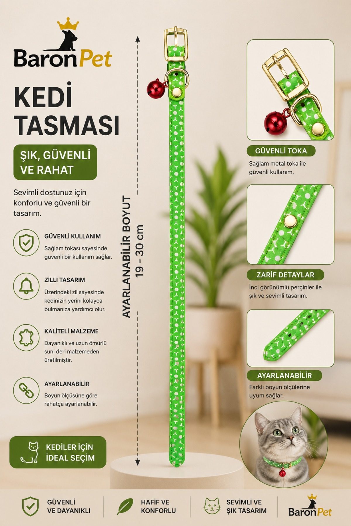 Kedi Tasması 19-30 cm Yeşil Desenli Zilli Ayarlanabilir Suni Deri Altın Tokalı Kedi Boyun Tasması