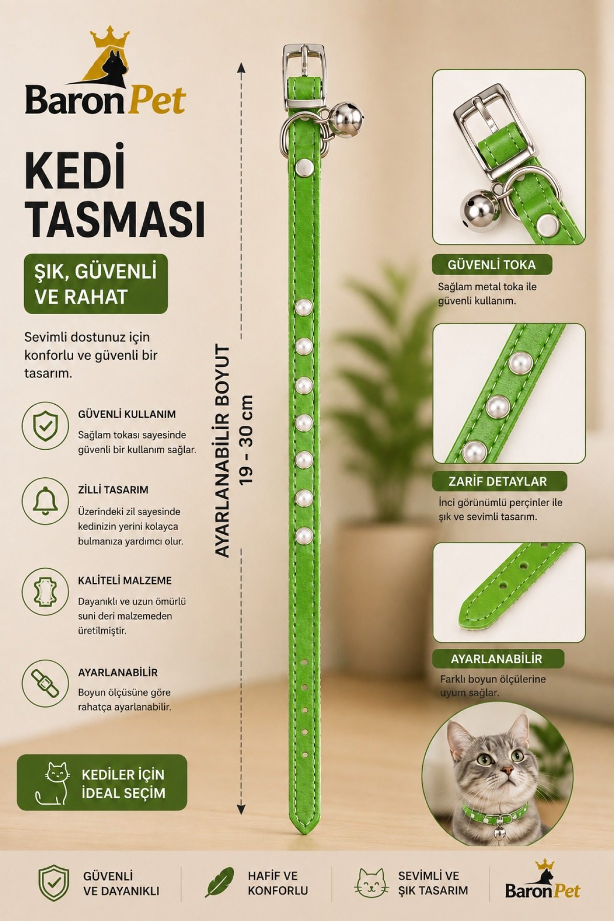 Kedi Tasması 19-30 cm Yeşil İnci Perçinli Zilli Ayarlanabilir Suni Deri Kedi Boyun Tasması
