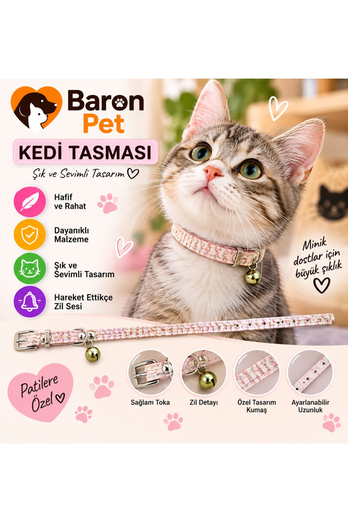 Kedi Tasması Pembe Mozaik Desenli Zilli Ayarlanabilir Suni Deri Kedi Boyun Tasması