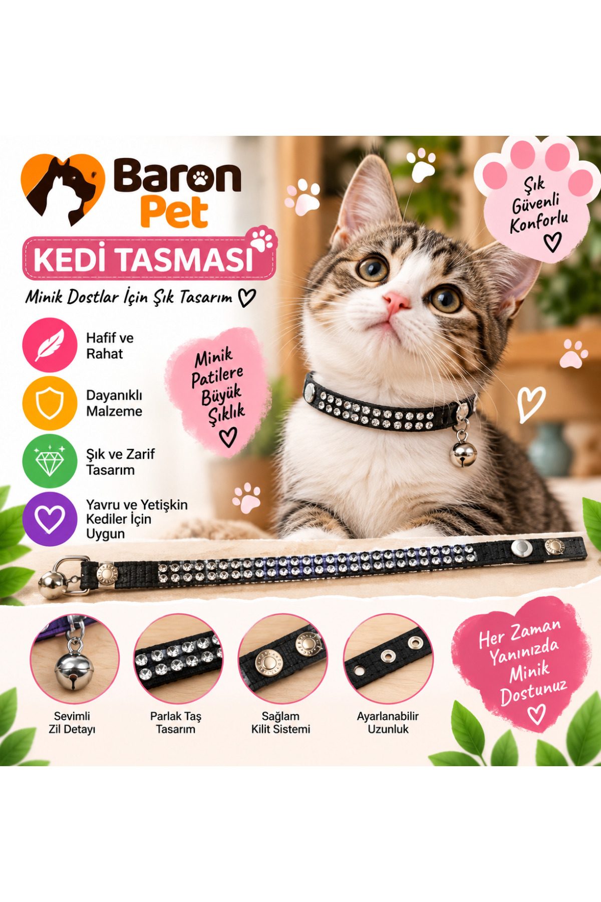 Kedi Tasması Siyah Taşlı Zilli Ayarlanabilir Çift Sıra Parlak Taş Detaylı Kedi Boyun Tasması