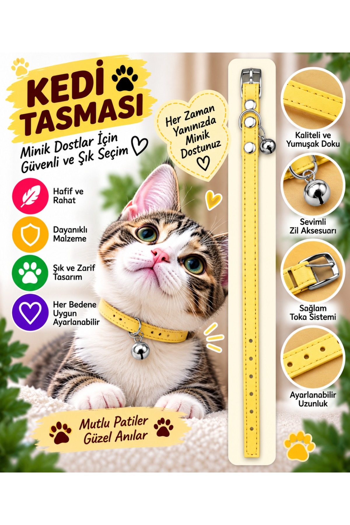 Kedi Tasması Sarı Deri Zilli Ayarlanabilir Boyun Tasması