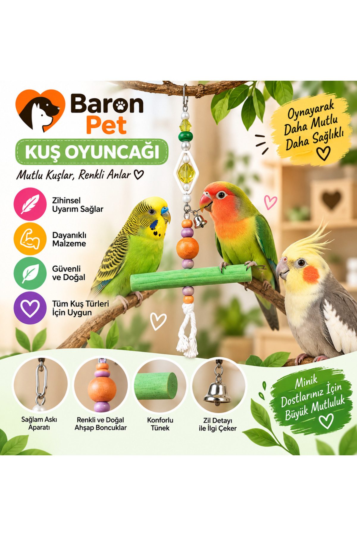Kuş Oyuncağı Ahşap Tünekli Renkli Boncuklu Zilli Askılı Kafes İçi Papağan Oyuncağı