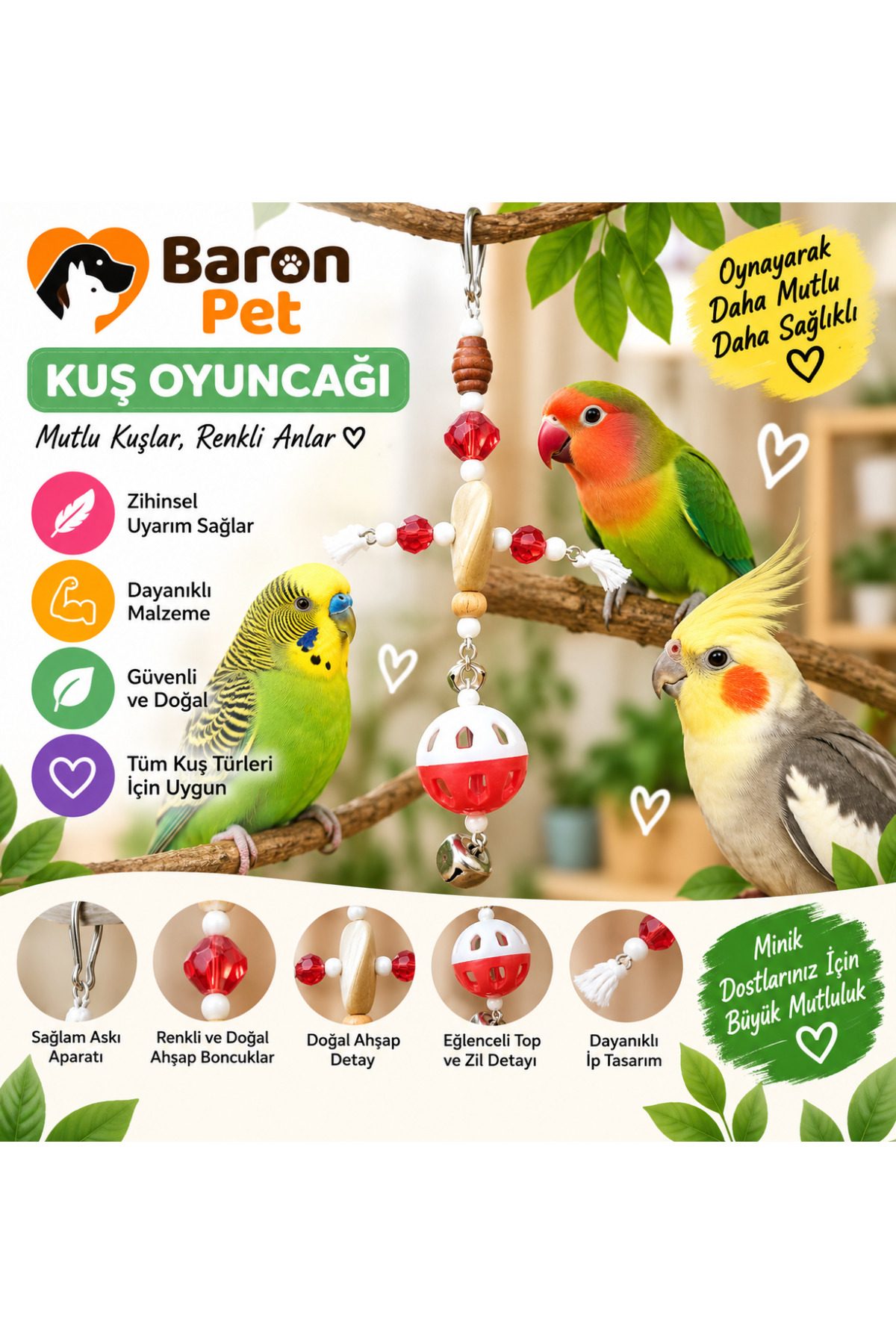 Kuş Oyuncağı Kırmızı Kristal Boncuklu Delikli Toplu Çift Zilli Ahşap Detaylı Kafes İçi Papağan Oyuncağı