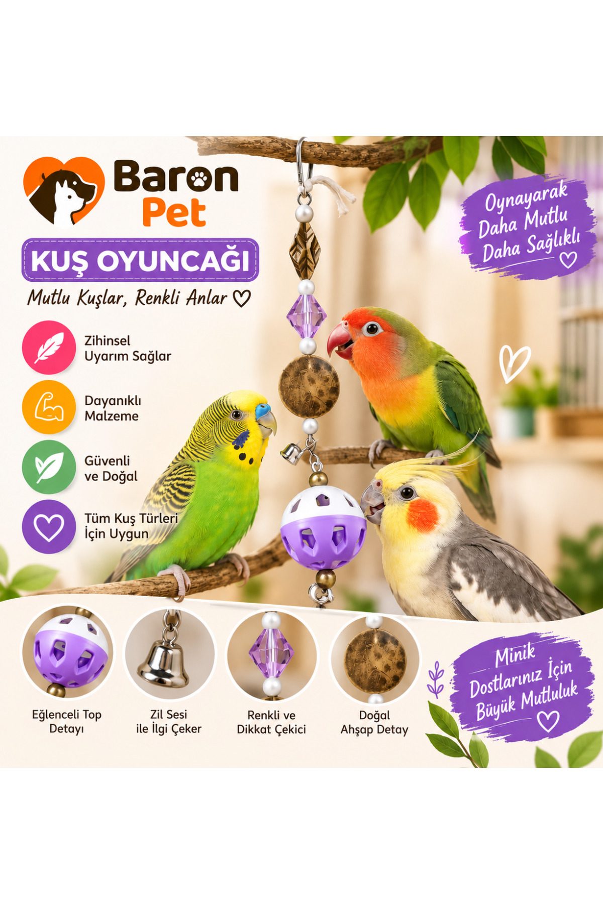 Kuş Oyuncağı Mor Kristal Boncuklu Zilli Delikli Toplu Ahşap Detaylı Kafes İçi Papağan Oyuncağı