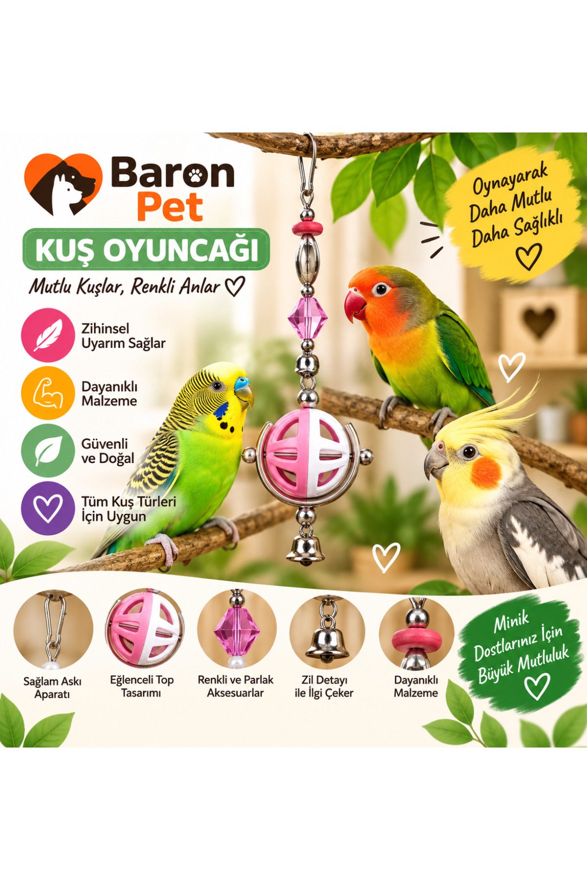 Kuş Oyuncağı Pembe Delikli Toplu Zilli Kristal Boncuklu Askılı Kafes İçi Papağan Oyuncağı
