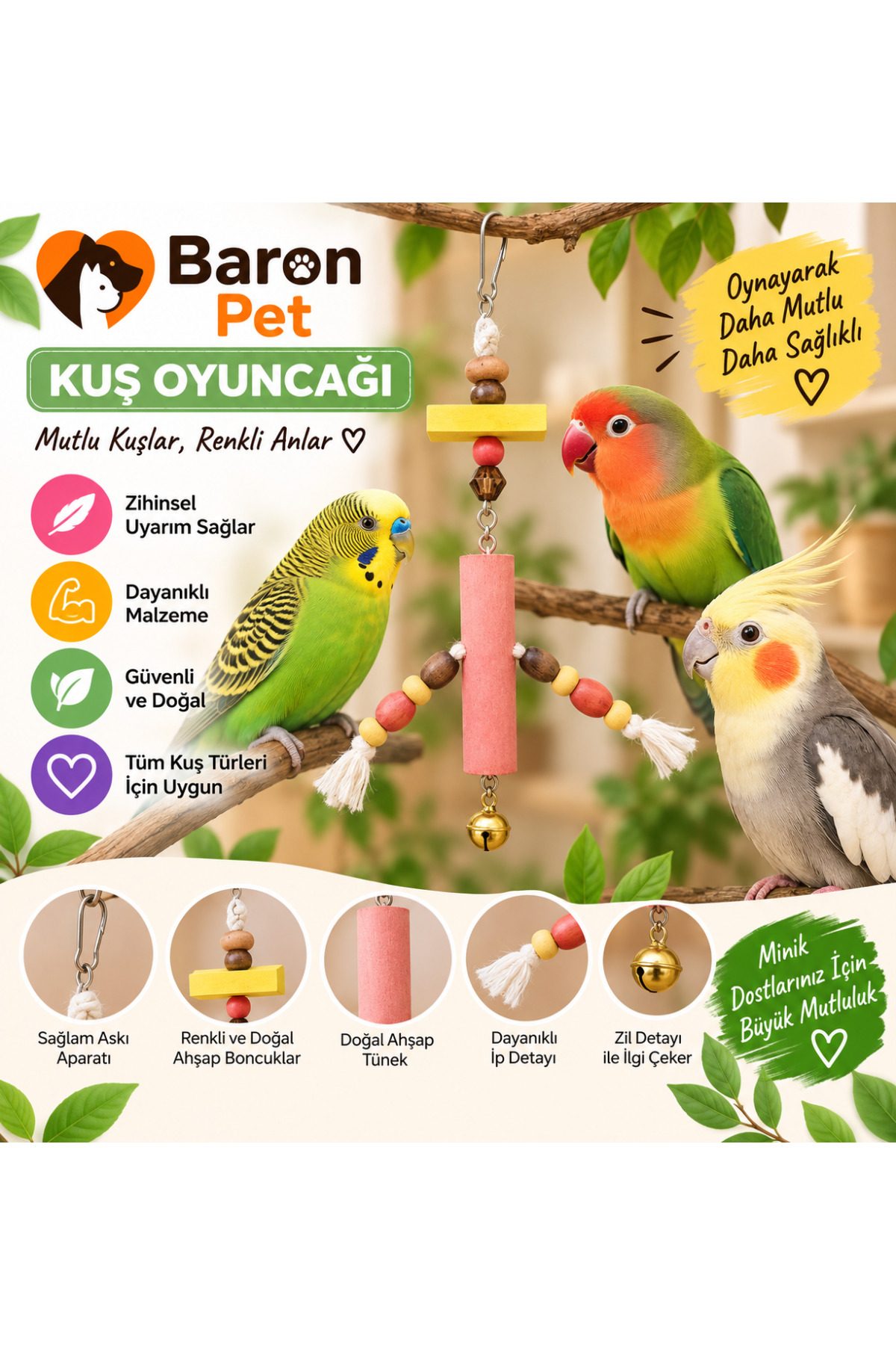 Kuş Oyuncağı Pembe Ahşap Tünekli Renkli Boncuklu İp Püsküllü Zilli Kafes İçi Papağan Oyuncağı