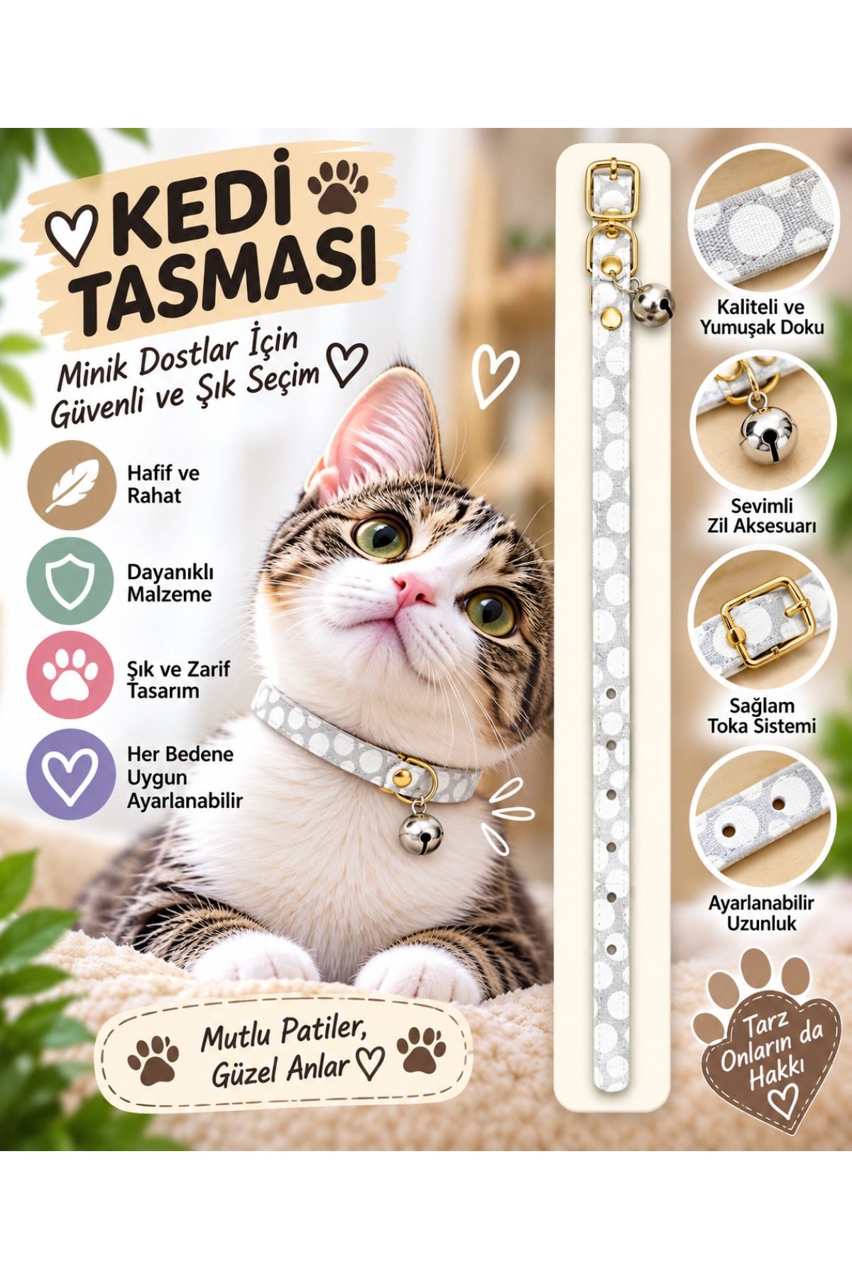 Kedi Tasması Gri Beyaz Puantiyeli Zilli Ayarlanabilir Boyun Tasması