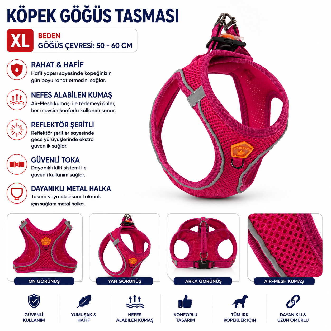 Köpek Göğüs Tasması XL Beden Göğüs Çevresi 50-60 cm Reflektörlü Air-Mesh - Fuşya