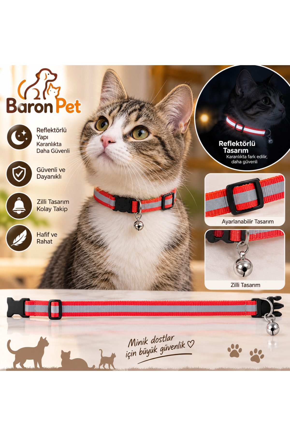 Kedi Tasması Kırmızı Reflektörlü Zilli Ayarlanabilir Klips Tokalı Boyun Tasması