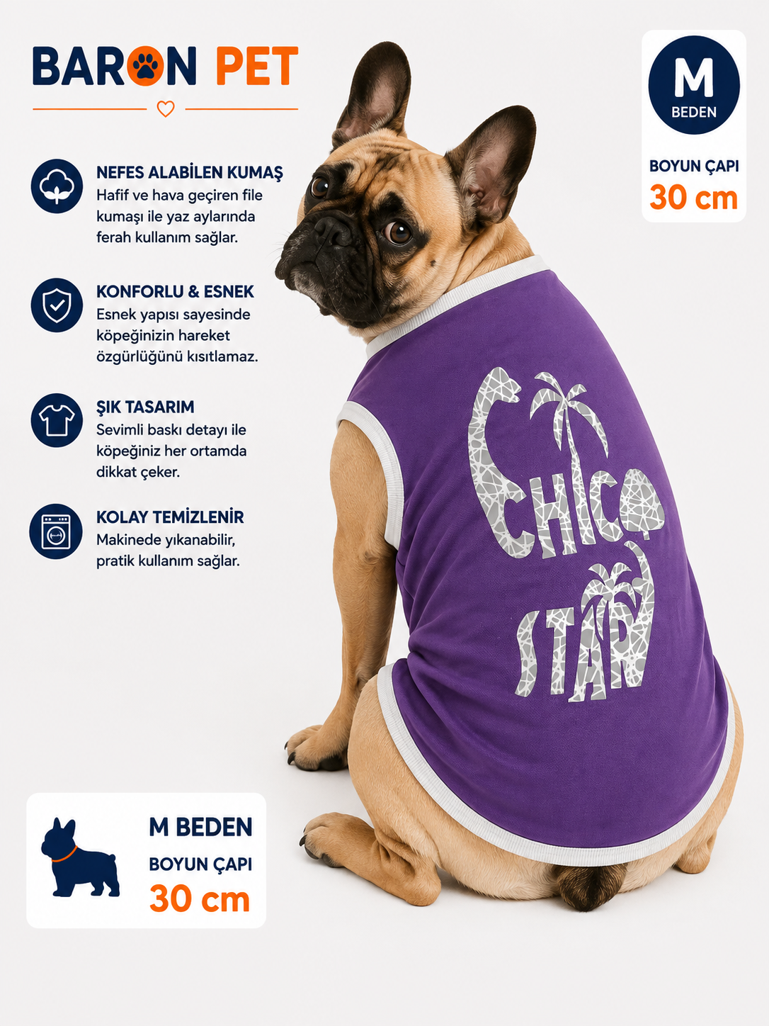 Köpek Tişörtü M Beden Boyun Çapı 30 cm Palmiye Yazı Baskılı Kolsuz Atlet - Mor
