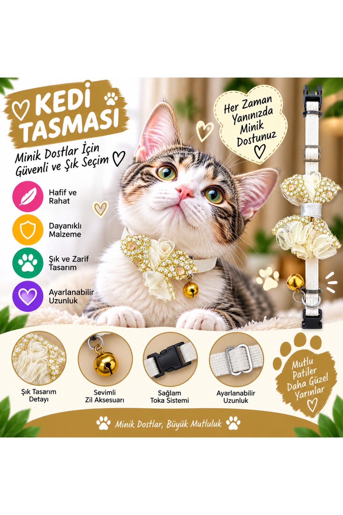 Kedi Tasması Krem Taşlı Çiçek Papyonlu Altın Zilli Ayarlanabilir Klipsli Kedi Boyun Tasması