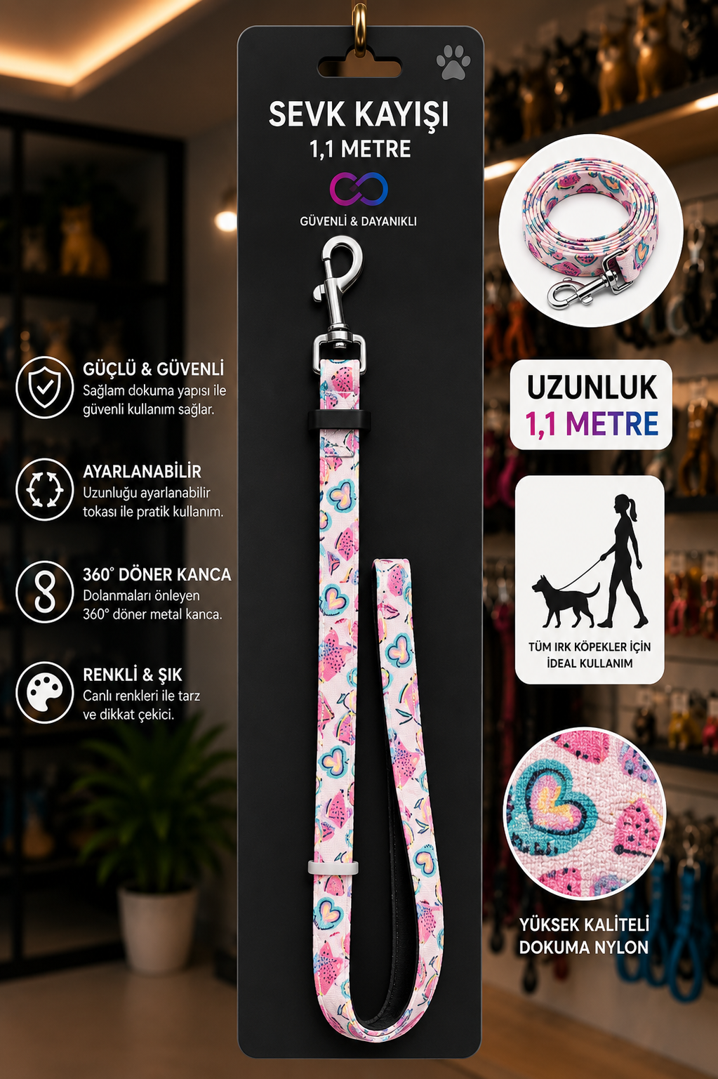 Köpek Sevk Kayışı 1,1 Metre Ayarlanabilir 360 Derece Döner Metal Kancalı - Kalp Desenli Pembe