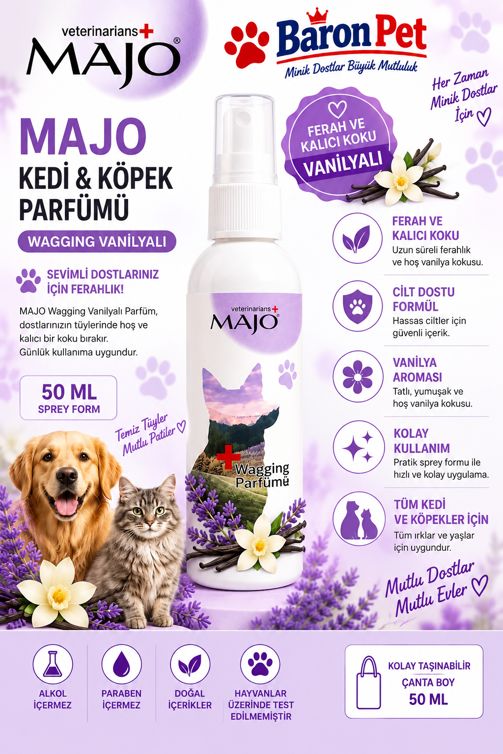 Majo Kedi ve Köpek Parfümü Vanilya Kokulu 50 Ml Kalıcı Tüy Bakım Spreyi