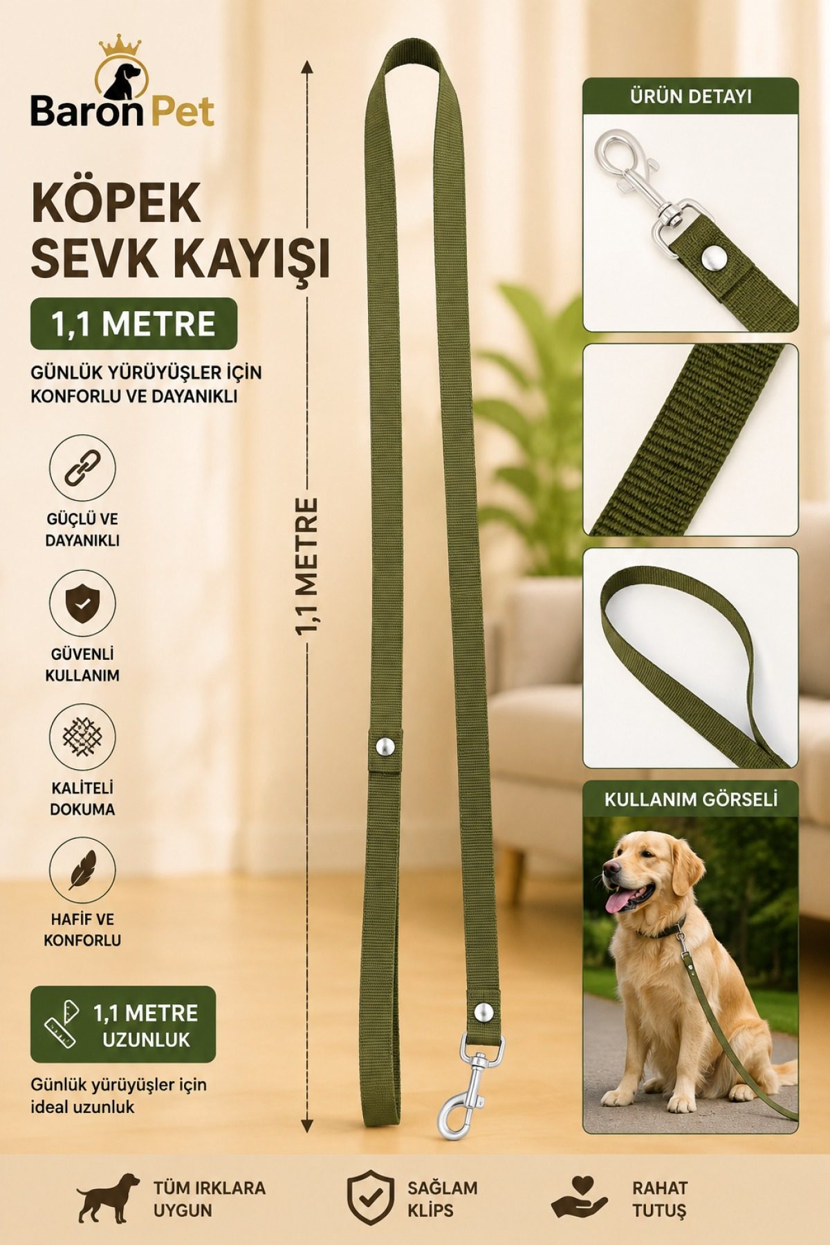 Köpek Sevk Kayışı 1,1 Metre Haki Yeşil Dokuma Metal Klipsli Tüm Irklar İçin Gezdirme Kayışı