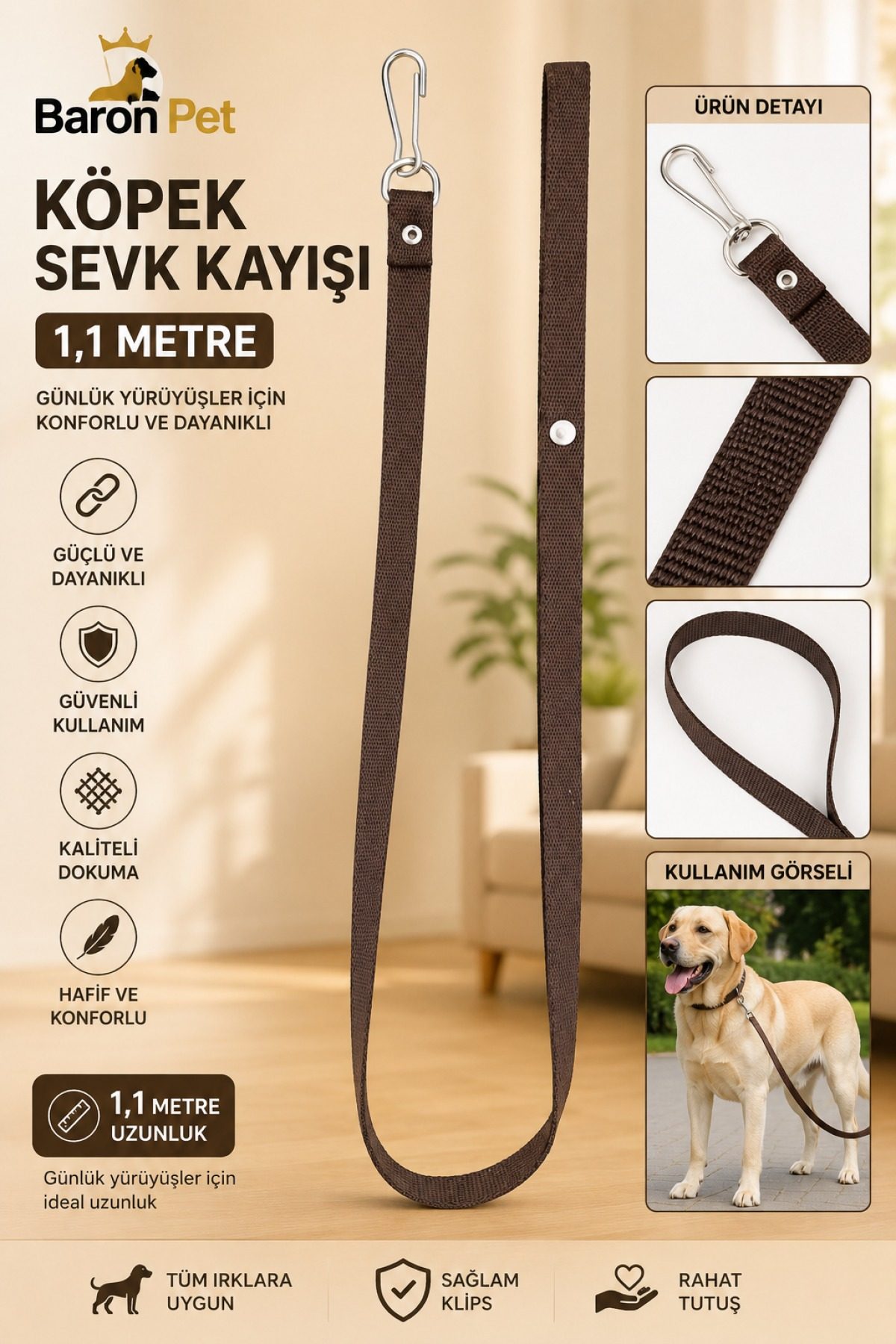 Köpek Sevk Kayışı 1,1 Metre Kahverengi Dokuma Karabina Klipsli Tüm Irklar İçin Gezdirme Kayışı