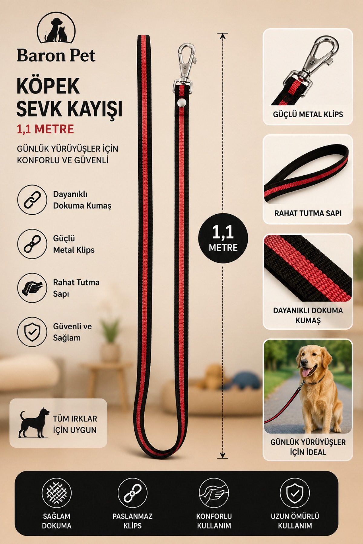Köpek Sevk Kayışı 1,1 Metre Kırmızı Çizgili Dokuma Metal Klipsli Tüm Irklar İçin Gezdirme Kayışı