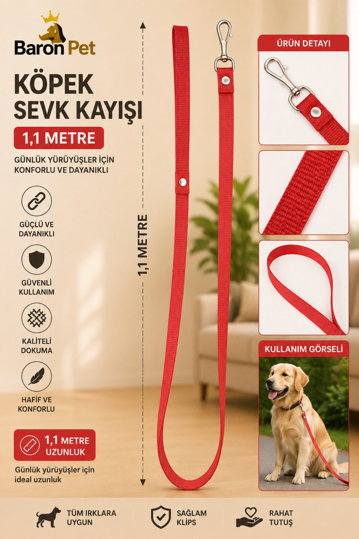 Köpek Sevk Kayışı 1,1 Metre Kırmızı Düz Dokuma Metal Klipsli Tüm Irklar İçin Gezdirme Kayışı