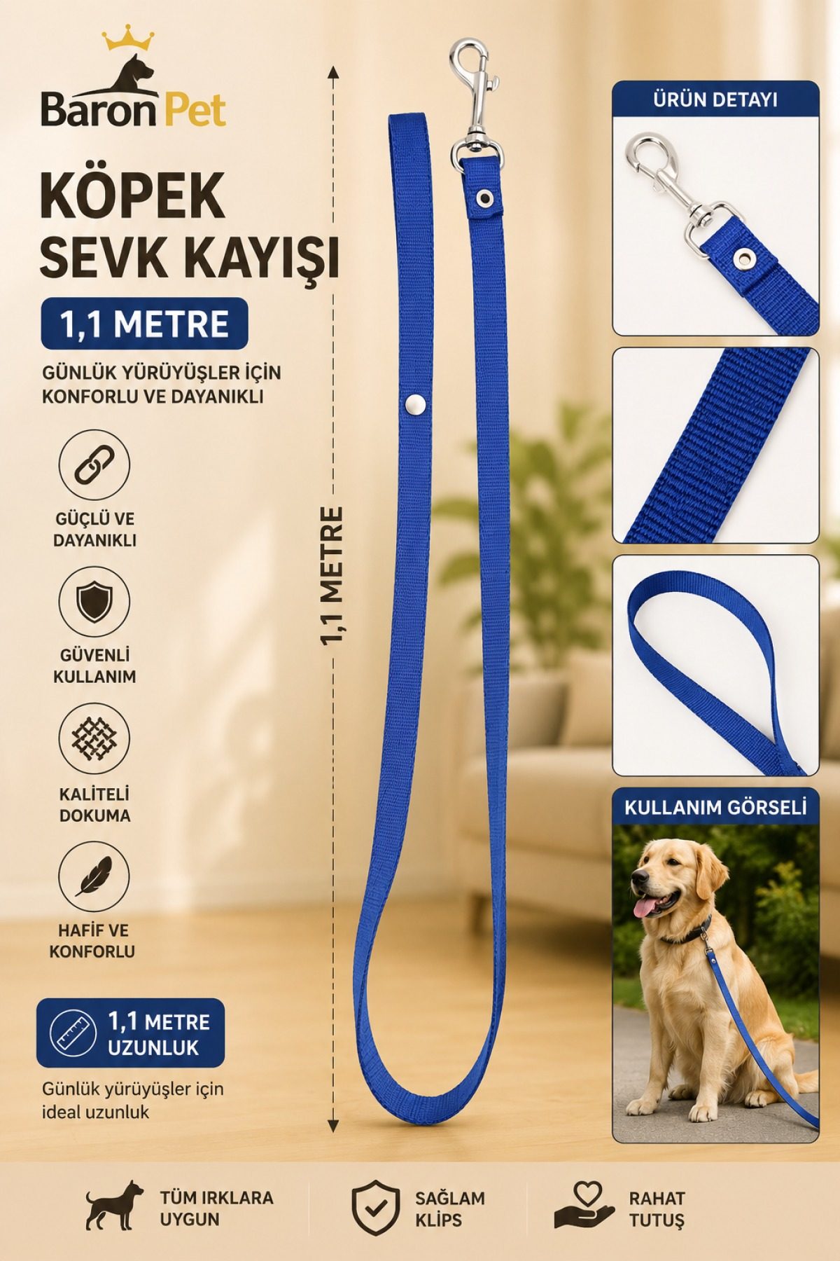 Köpek Sevk Kayışı 1,1 Metre Mavi Dokuma Metal Klipsli Tüm Irklar İçin Gezdirme Kayışı