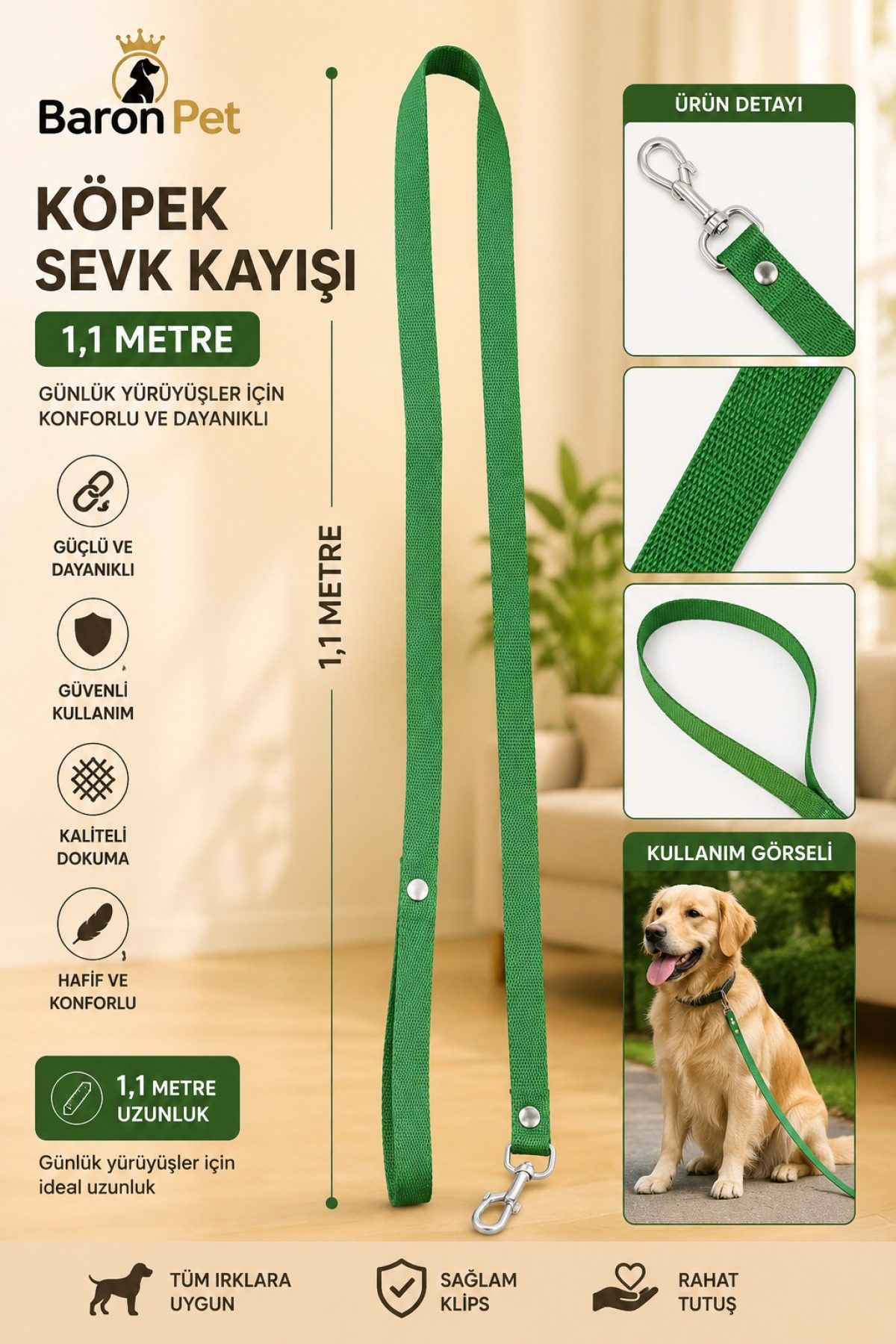 Köpek Sevk Kayışı 1,1 Metre Yeşil Dokuma Metal Klipsli Tüm Irklar İçin Gezdirme Kayışı