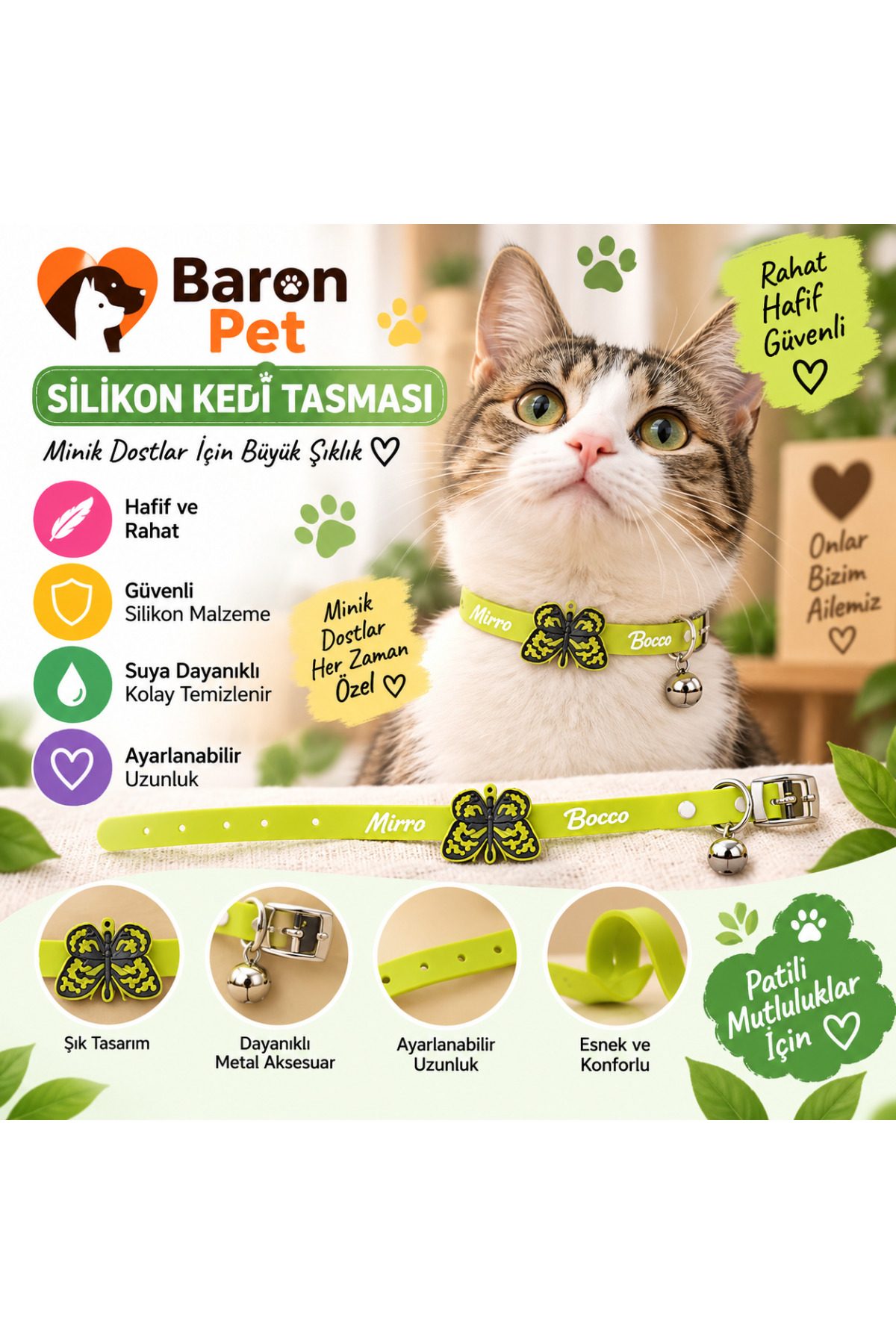 Silikon Kedi Tasması Yeşil Kelebek Detaylı Zilli Ayarlanabilir Suya Dayanıklı Kedi Boyun Tasması