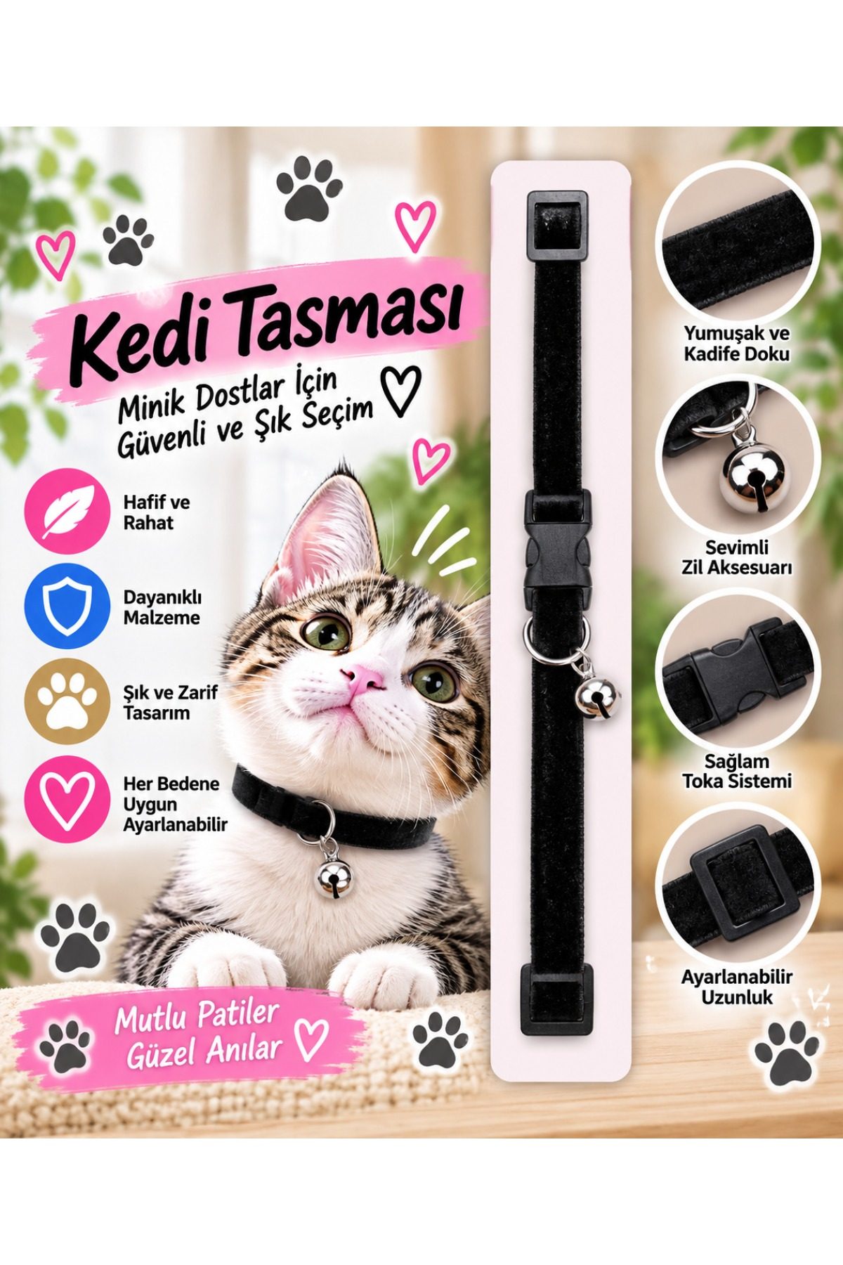 Kedi Tasması Siyah Kadife Zilli Ayarlanabilir Klips Tokalı Boyun Tasması