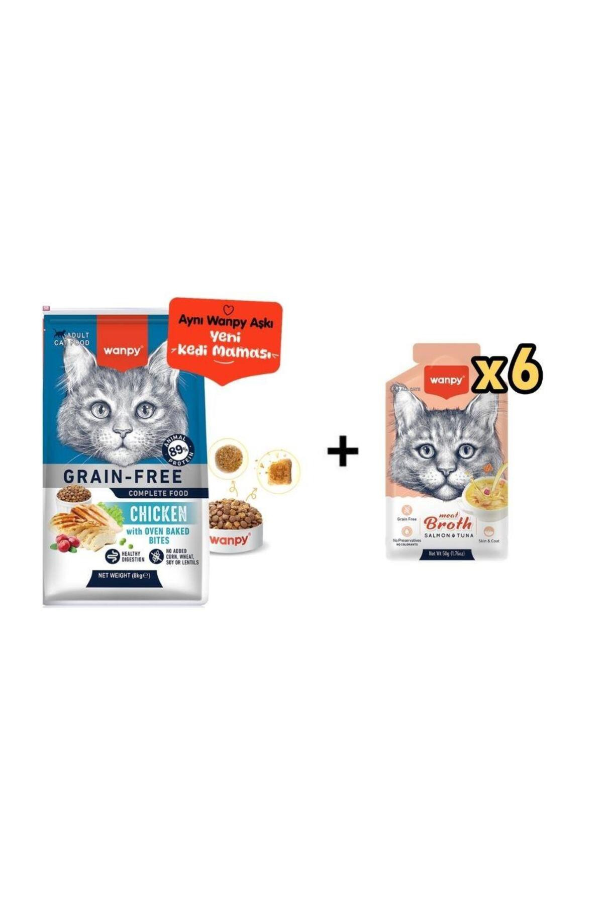 Wanpy Tahılsız Tavuklu Yetişkin Kedi Maması 8 kg + 6 Adet Somonlu ve Ton Balıklı Kedi Çorbası