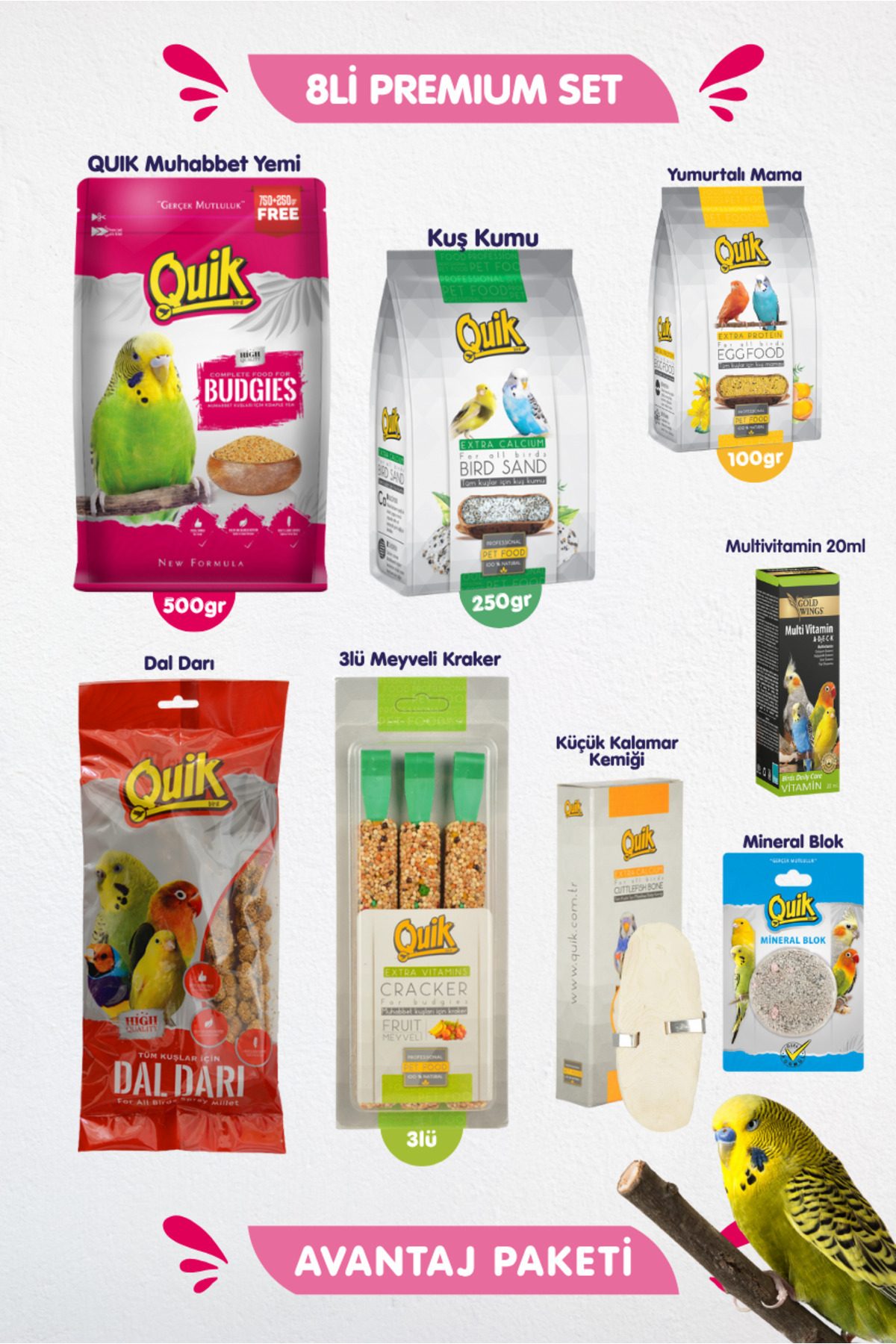 Quik 8li Set - Muhabbet Kuşu Besin Vitamin Başlangıç Seti